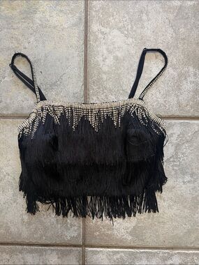 Hera Collection Black Fringe Camisole with Rhinestone Trim